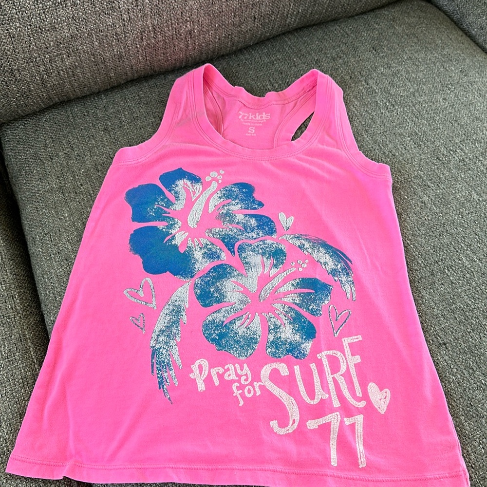 77kids American Eagle Pink Glitter Hibiscus Pray For Surf Racerback Tank Top S 7
